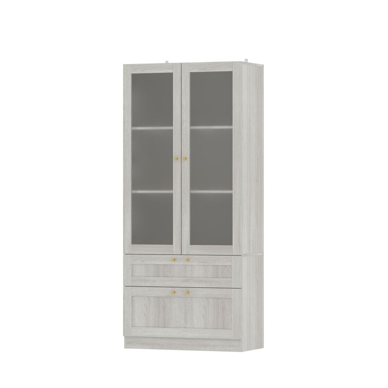 FUFU&GAGA Modern White Food Pantry Cabinet with Adjustable Shelves and Lockable Drawers (31.5" W x 70.9" H x 15.7" D), Wood Grain Finish with Brass Pull Handles