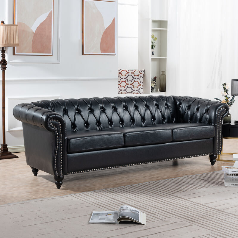 PU Rolled Arm Chesterfield Three Seater Sofa