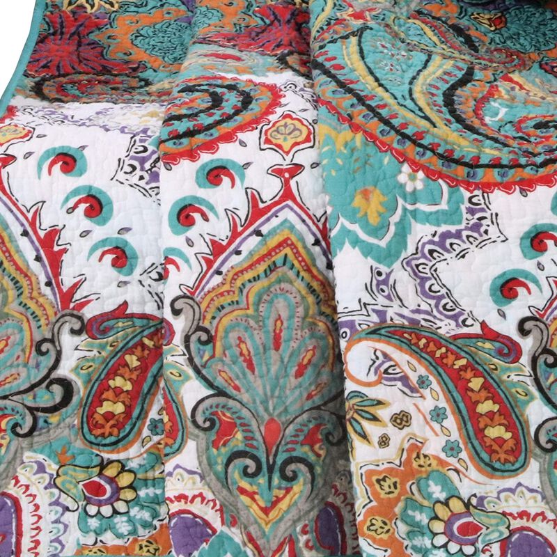 3 Piece Queen Size Cotton Quilt Set with Paisley Print, Teal Blue - Benzara