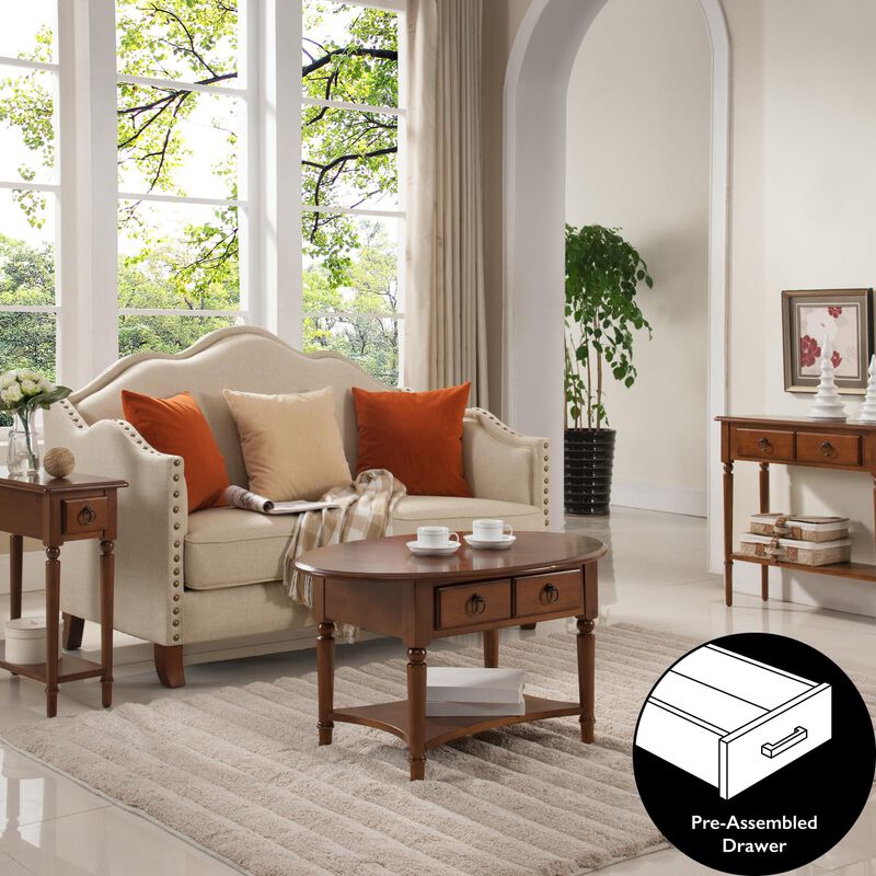 Coastal Solid Wood Oval Coffee Table with Shelf and Drawer, Rich Pecan Brown, Perfect for Living Rooms and Small Spaces - Leick