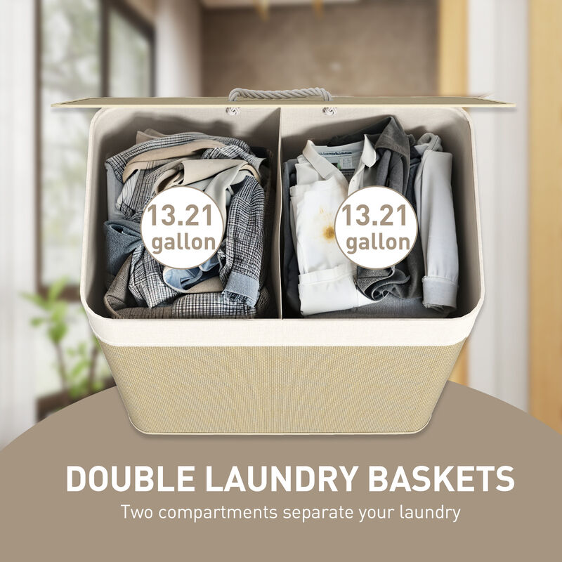 Hivvago Double Compartment Bamboo Laundry Basket with Liner image number 3