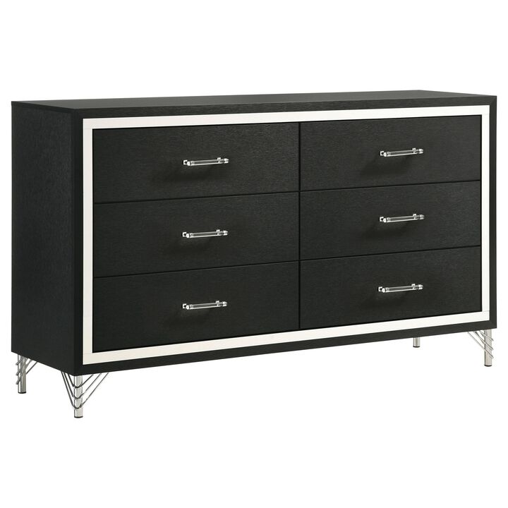 Jenny Wide Dresser, 6 Drawers and Chrome Accents, Modern Black Tone - Benzara