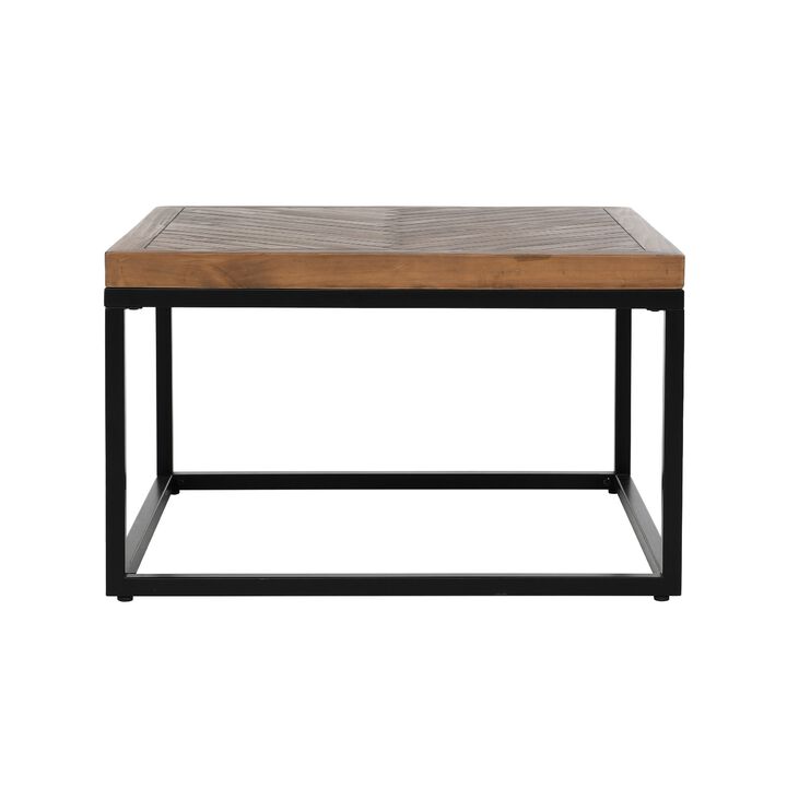 Nat 30 Inch Solid Wood Square Coffee Table, Herringbone, Brown, Black