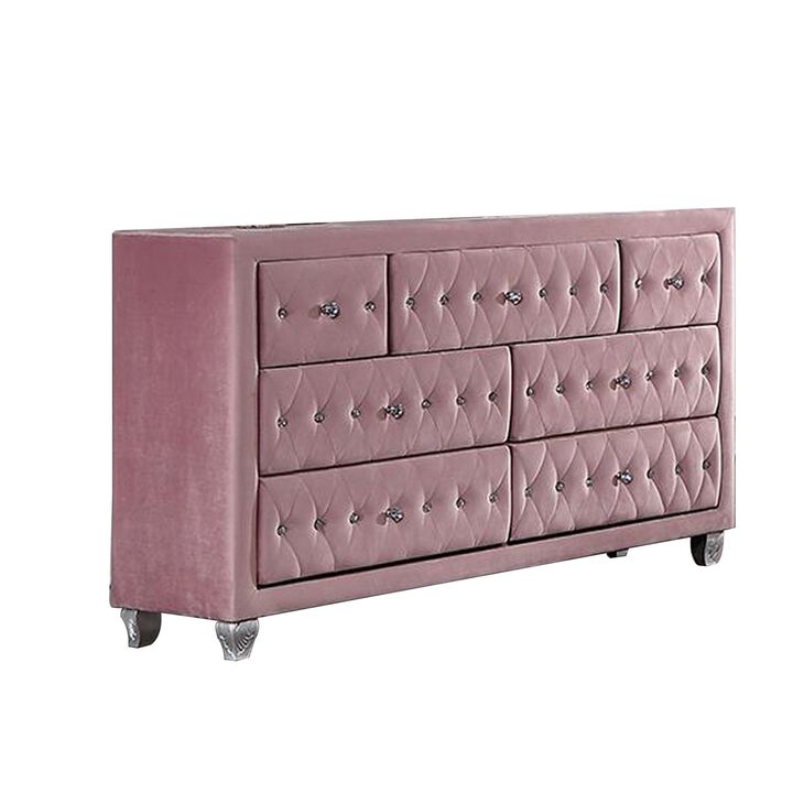 Benjara Zoha 59 Inch Wide Dresser Chest, 7 Drawer, Solid Wood, Upholstery, Pink and Silver