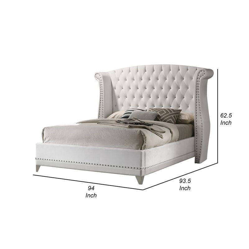 Dini California King Bed, Crystal Button Tufting, White Velvet Upholstery - Benzara