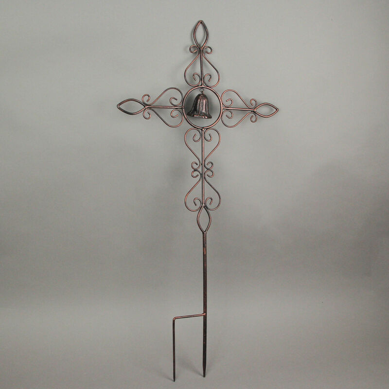 Set of 2 Aged Copper Finished Scroll Design Metal Garden Stakes With Wind Bells image number 4