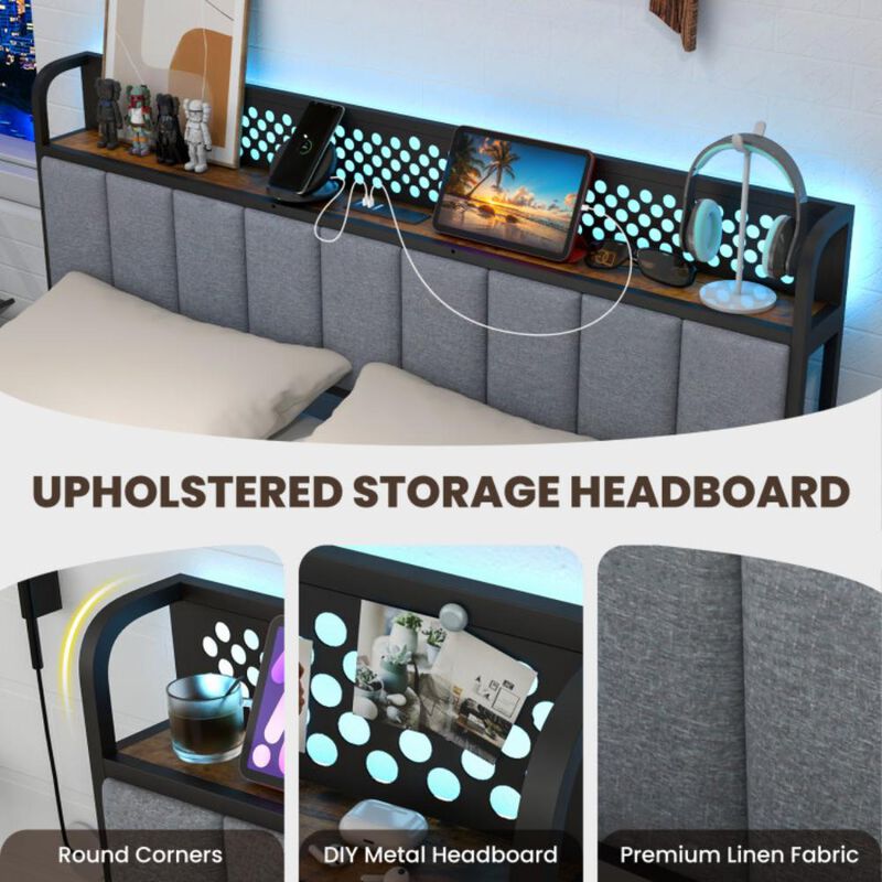 Hivvago Bed Frame with LED Lights, Upholstered Headboard and 4 Storage Drawers