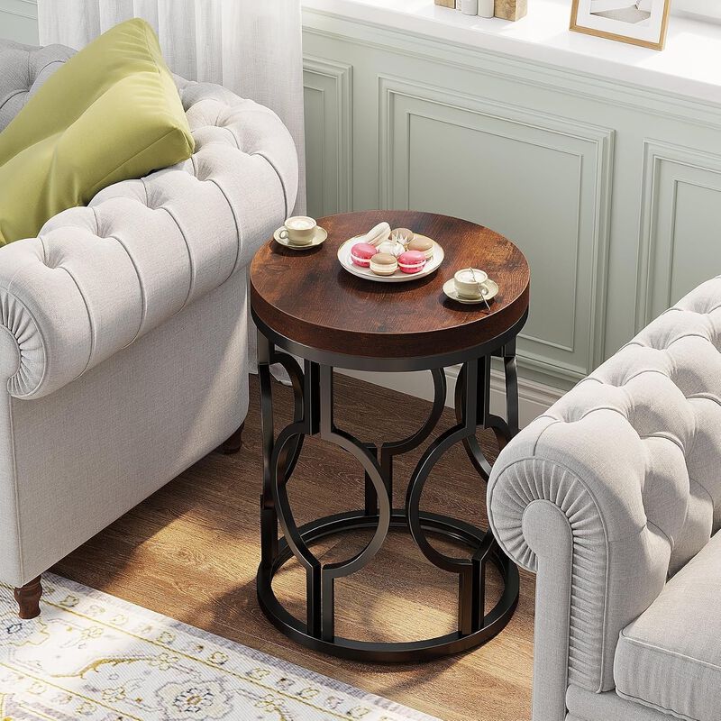Tribesigns Round End Table, Industrial Side Table with Metal Hollow Frame, Rustic Brown Nightstand Bedside Table for Living Room and Bedroom, Walnut Finish Sofa Table, Holds 88 lbs image number 1
