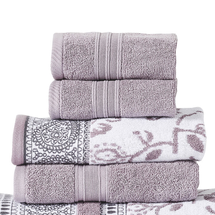 Veria 6 Piece Towel Set with Paisley and Floral Motif Pattern The Urban Port, Purple - Benzara