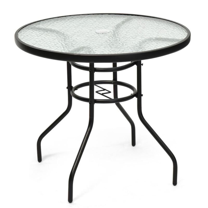 Hivvago 32 Inch Patio Tempered Glass Steel Frame Round Table with Convenient Umbrella Hole