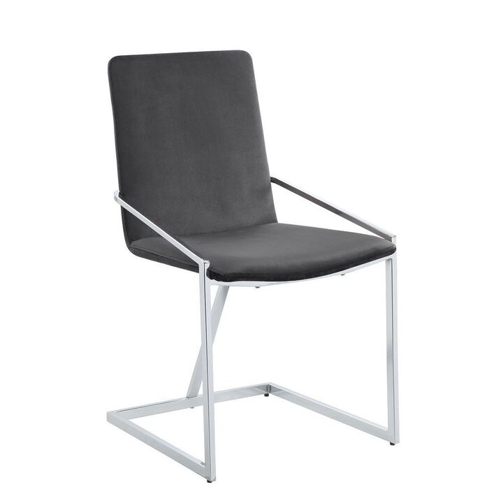 23 Inch Side Dining Chair Set of 2, Gray Velvet, Modern Chrome Metal Base - Benzara