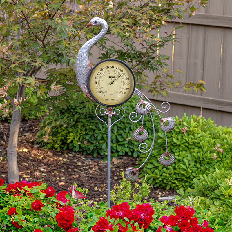 41.75" Iron Peacock Garden Stake Thermometer
