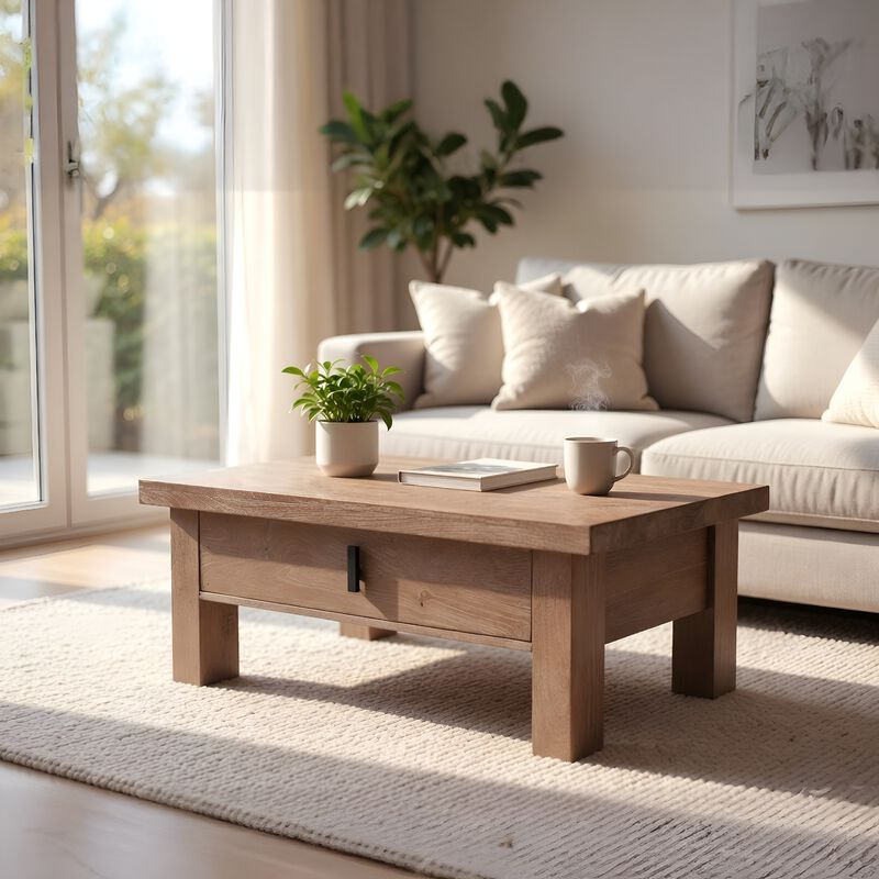Les 36 Inch Square Coffee Table with Panel Legs, 2 Storage Drawers, Matte Brown Mango Wood, Black Handles image number 7