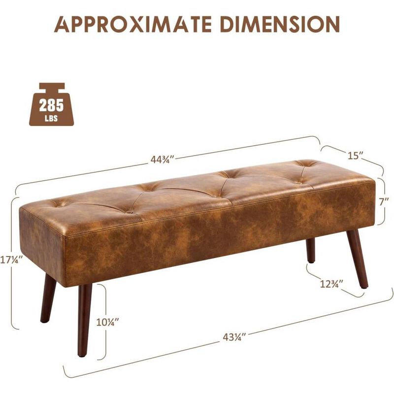 Hivvago Mid-Century Bed Bench with Dark Brown Leather Upholstered Seat Solid Wood Legs