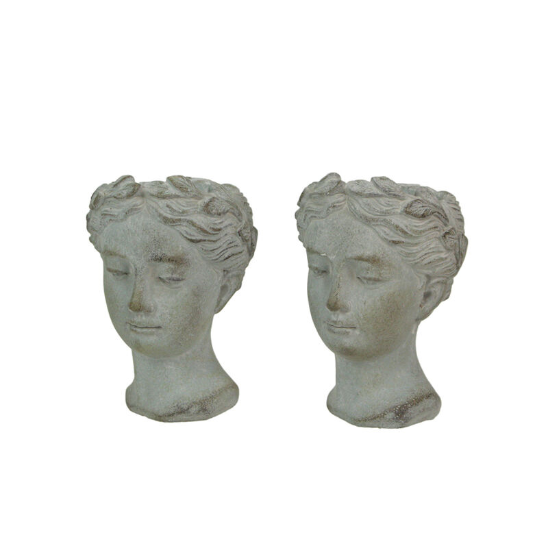 Set of 2 Weathered Gray Greek Lady Statue Wall Mount Cement Head Planter 6 Inch image number 0