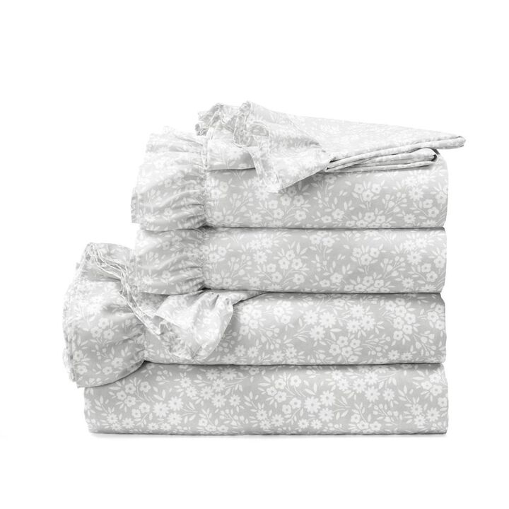 Hivvago King size Grey Ruffle Floral Polyester 6 Piece Sheet Set