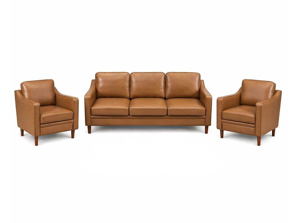 Living Room Furniture Set 3 Seater Couch 2 Armchairs Mid Century Modern Brown Faux Leather