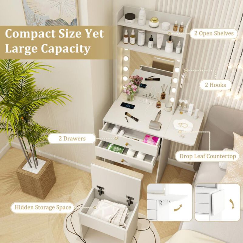 Hivvago Compact Vanity Desk Set with 3-Color Lighted Mirror and Power Outlets