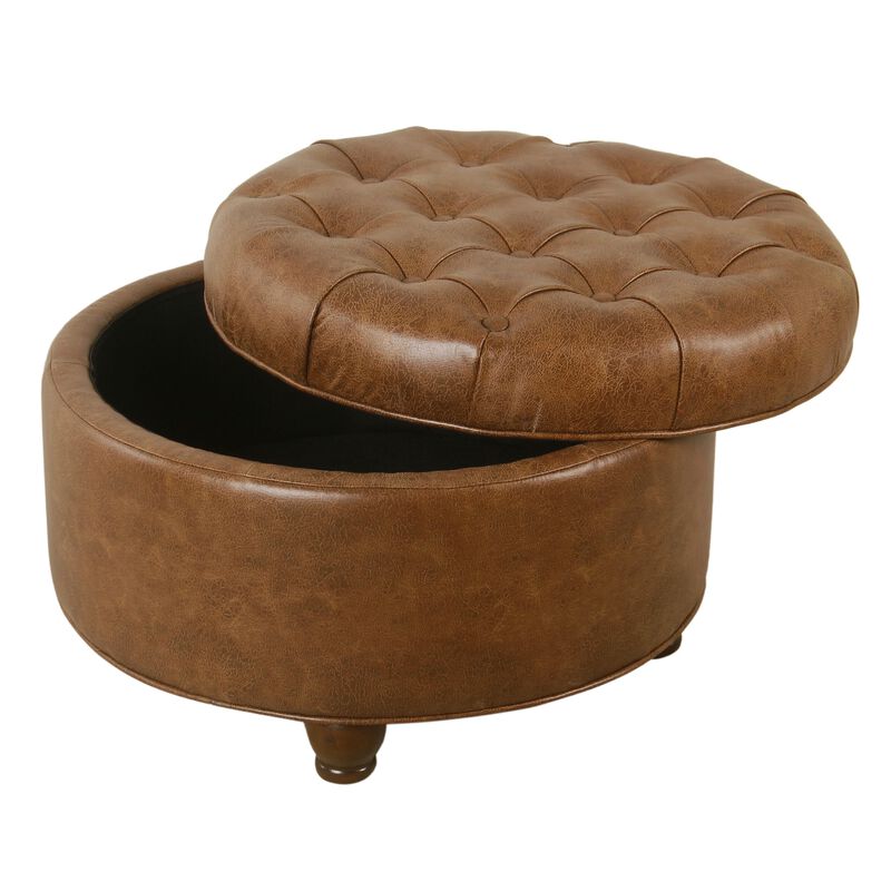 Gery Accent Storage Ottoman, 25 Inch Round Tray Top Brown Faux Leather