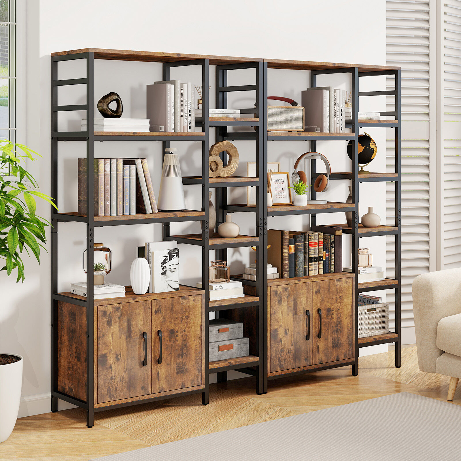 Double Wide 8-Tier Open Shelf Bookcase with Enclosed Cabinet