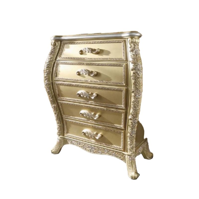 Otis Tall Dresser Chest with 6 Drawers, Classic Scrolled, Gold Wood - Benzara