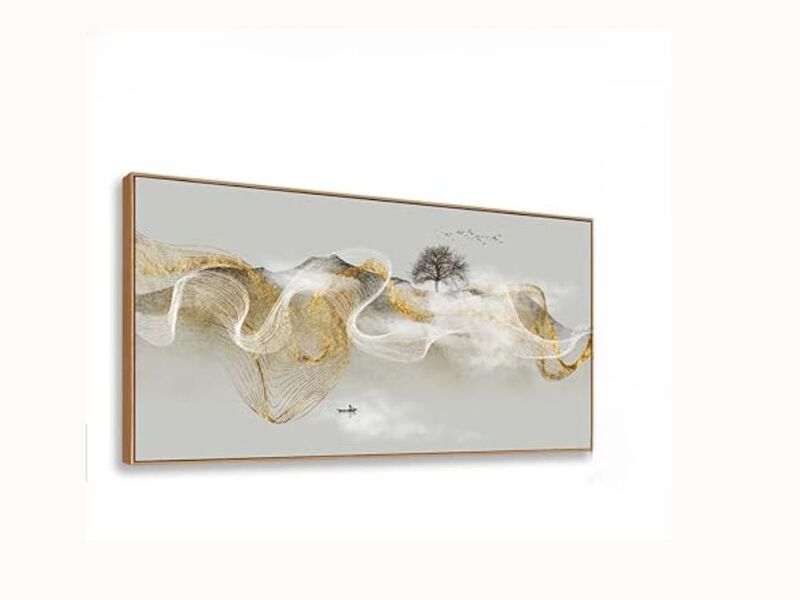 Modern Zen Landscape Canvas &ndash; 20x40" Framed Wall Art with Gold & White Lines for Living Room & Bedroom