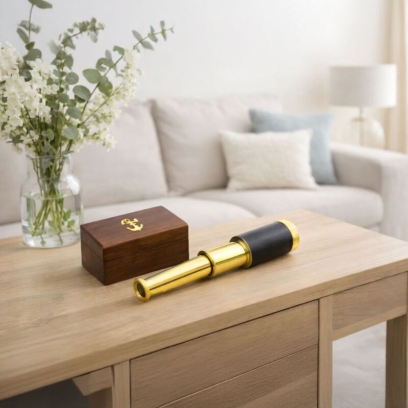 Small Brass Nautical Telescope with Pull-Out Wooden Box in Gold and Brown Finish image number 7