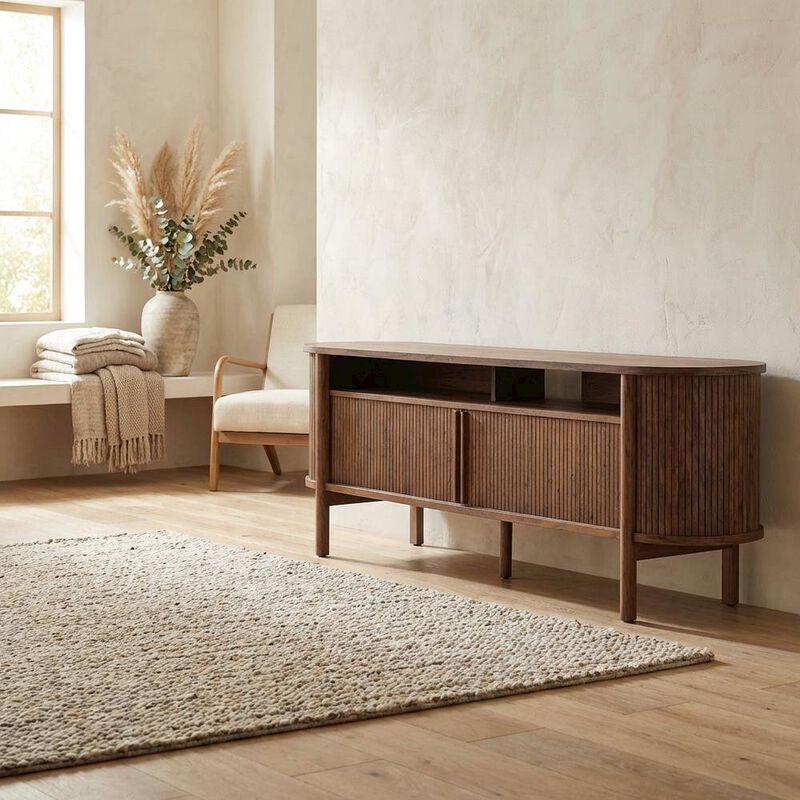 Curved TV Stand in Brown, Rubberwood Solids, Walnut Veneers, Stylish Storage image number 4