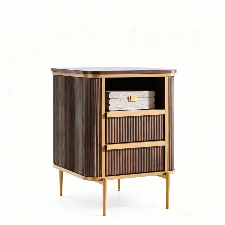 Luxury Fluted Nightstand with Charging Station, Faux Marble Top, 2 Drawers