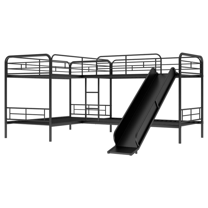 Whisen Twin Size L-Shaped Bunk Bed with Slide and Ladder- Black