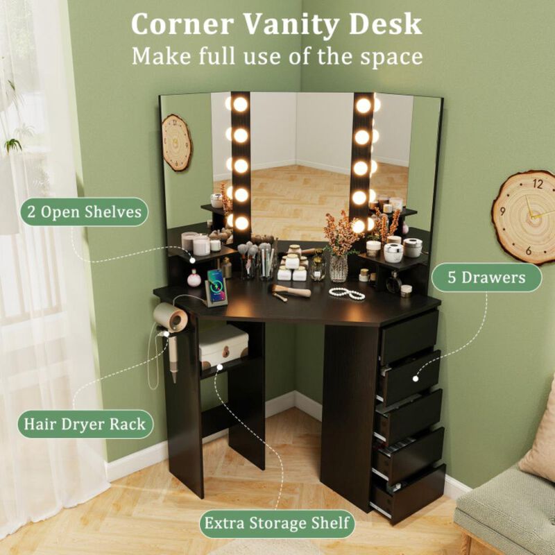 Hivvago Corner Vanity Desk with 3-Color LED Lighted Mirror and Power Outlet