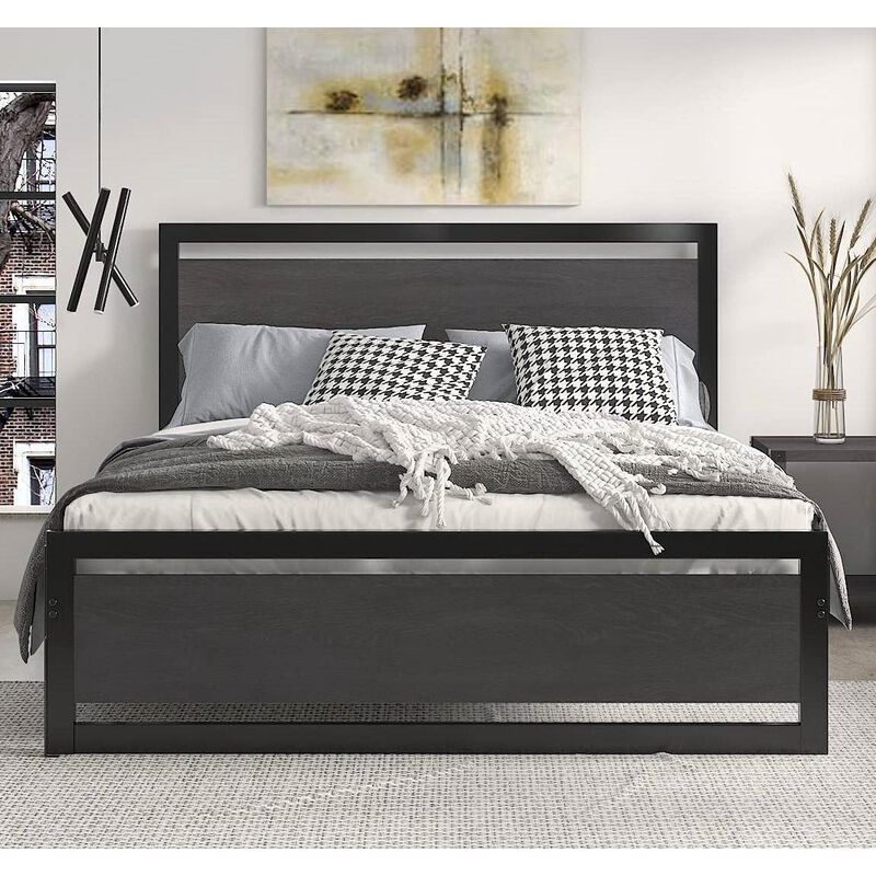 Hivvago Queen Black Metal Platform Bed Frame with Wood Panel Headboard and Footboard
