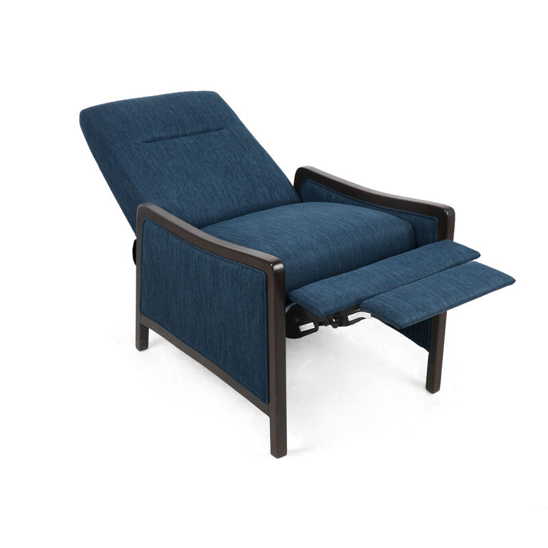 Reina Push Back Recliner Chair, Brown Birch Wood, Navy Blue Fabric - Benzara