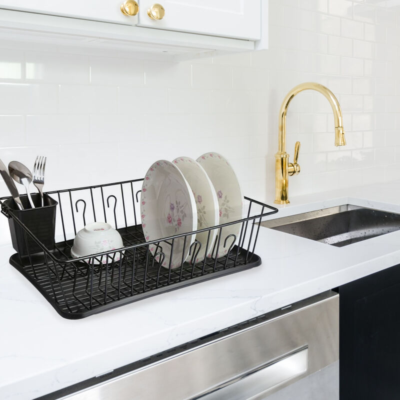 MegaChef 17.5 Inch Black Dish Rack with 14 Plate Positioners and a Detachable Utensil Holder