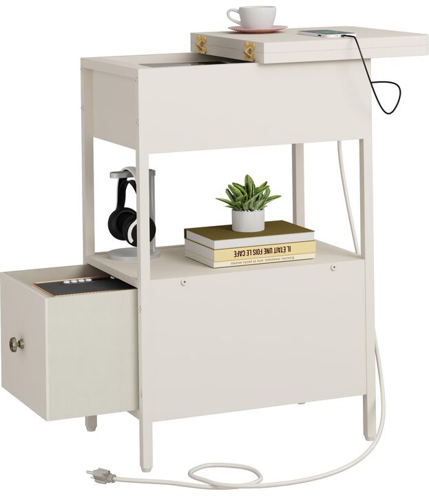 SOOWERY End Table with Charging Station, Narrow Side Table with Flip Top Cabinet and Fabric Drawer, Nightstand Bedside Tables fo
