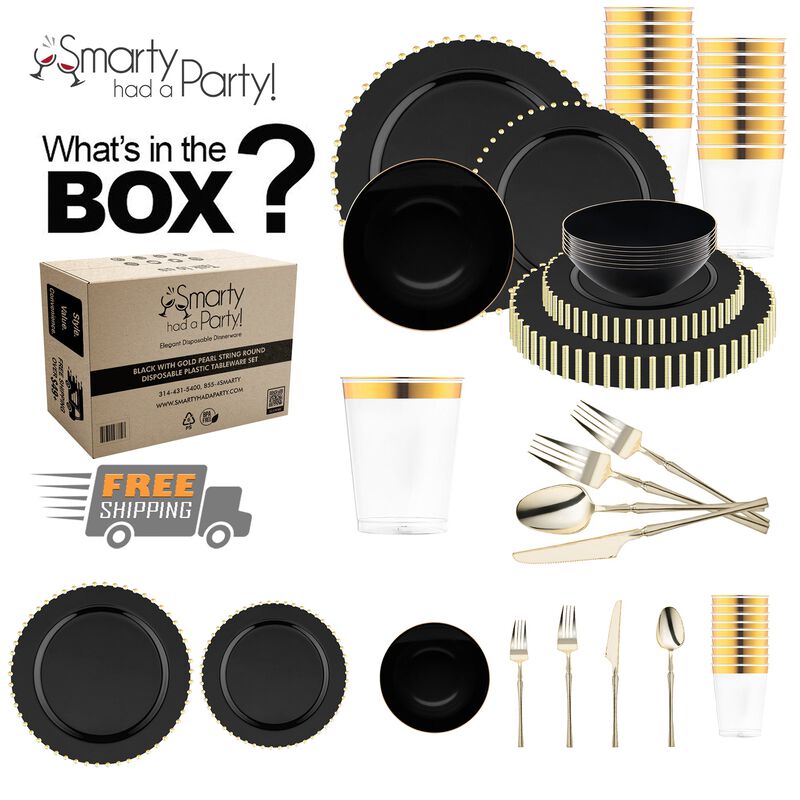 Black with Gold Pearl String Round Plastic Tableware Set (60 Sets) image number 3