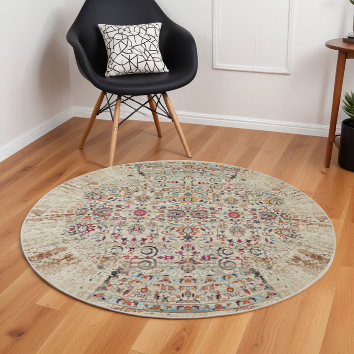 HomeRoots Floral Distressed Round Rug