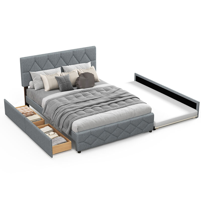 Queen Upholstered Platform Bed with Trundle and 2 Drawers No Box Spring Needed Noise Free-Gray