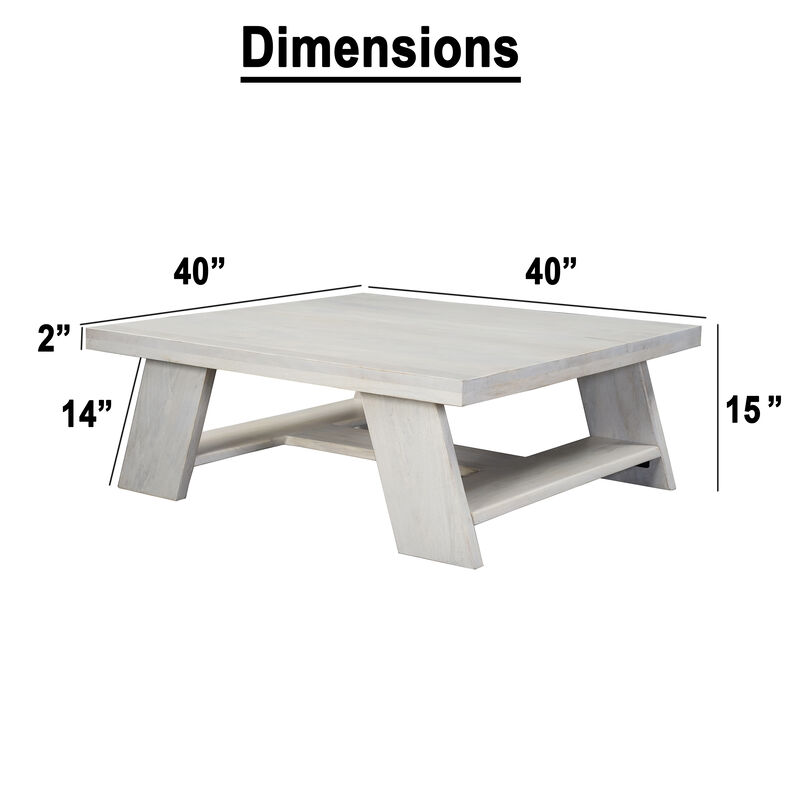 Aya 40" Square Coffee Table | Biscotti White Mango Wood | Bold Angled Legs