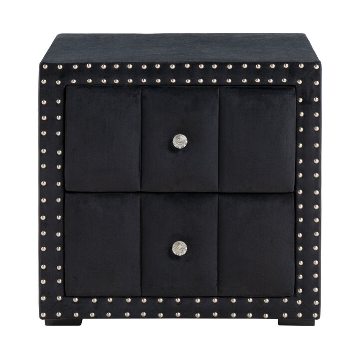 24" Contemporary Black 2-Drawer Nailhead Trim Nightstand End Table