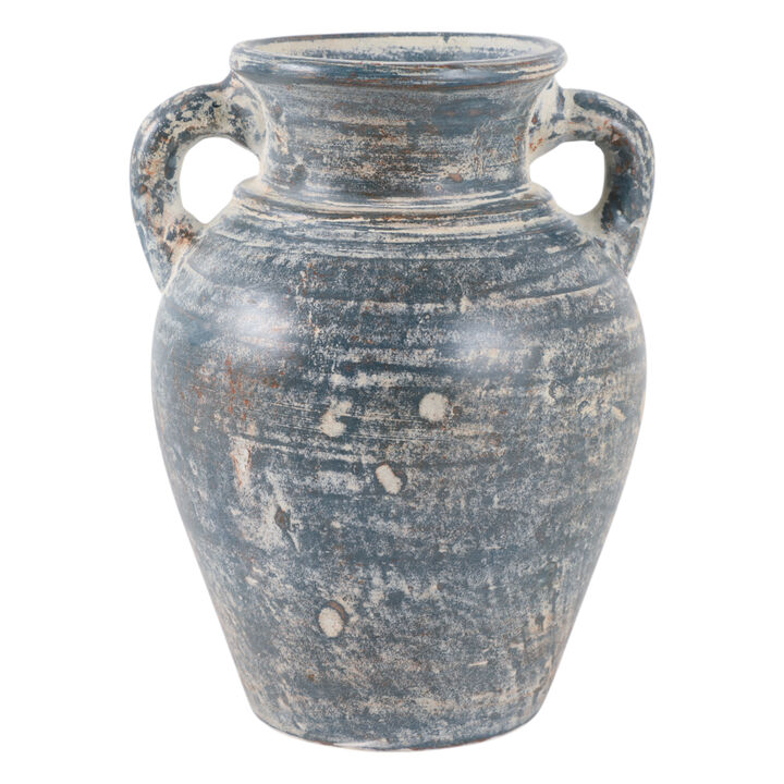 Terracotta, 9" Vase With Handles, Blue/white