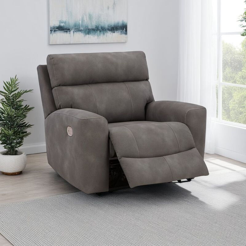 Corbin Power Recliner Chair, Adjustable, USB Port, Gray Faux Leather - Benzara