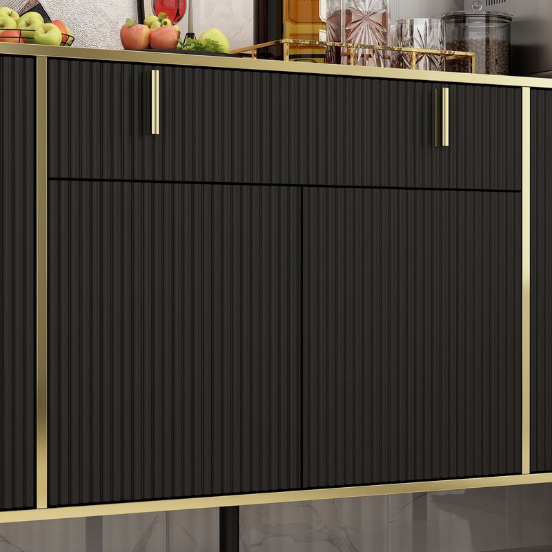 Black Wavy Paint Finish Floor-Standing Sideboard Cupboard with 4-Doors 2-Drawers Adjustable Shelves