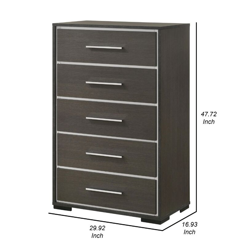 Hez Tall Dresser Chest, 5 Drawers, Silver Trim, Modern Dark Brown Finish