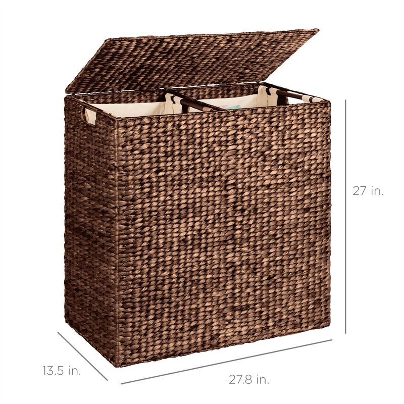 Hivvago Espresso 2-Bin Handwoven Hyacinth Linen Liner Laundry Hamper w/ Handles