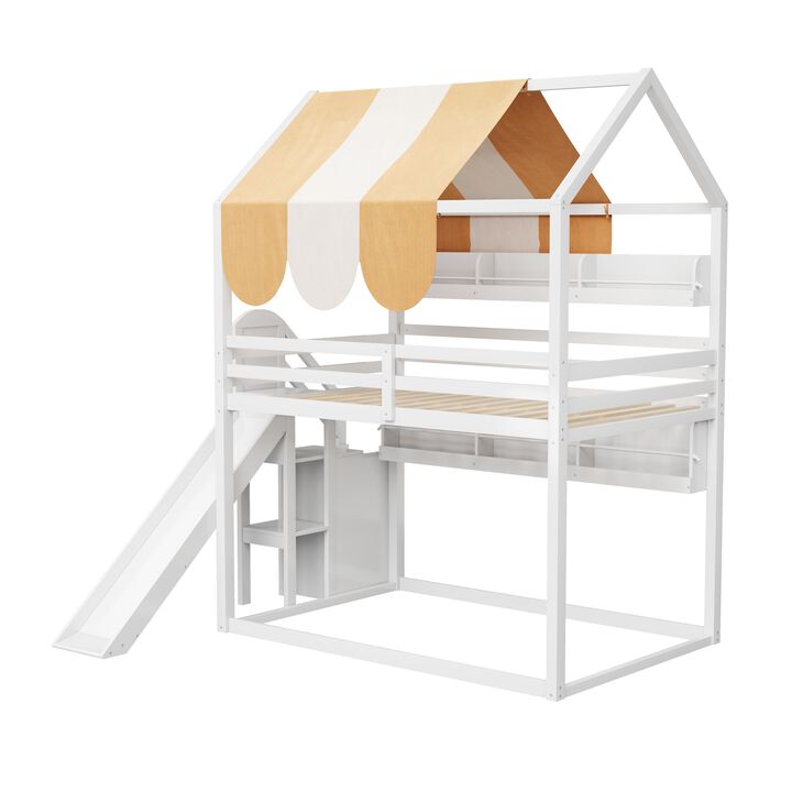 Merax Full Size White Loft Bed with Playhouse Canopy, Slide & Built-In Bookshelves