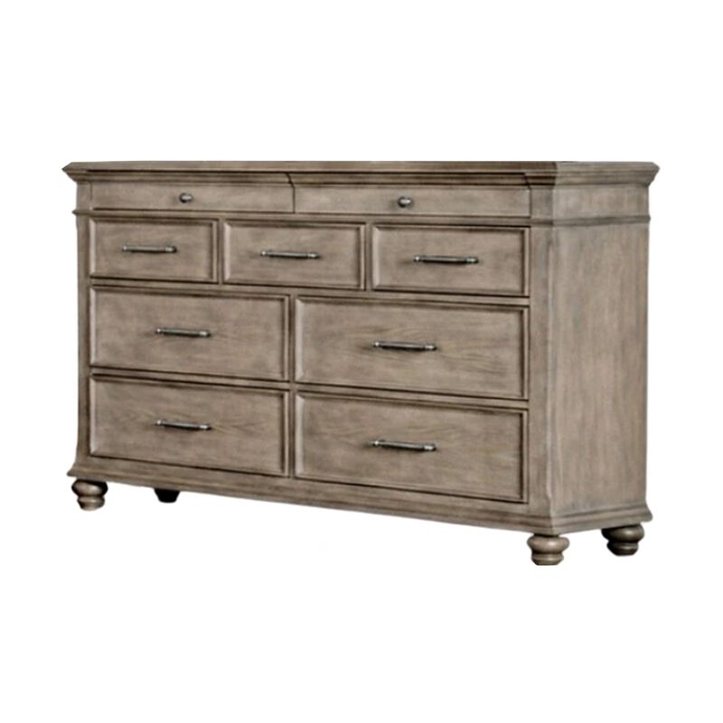 Zea Wide Dresser, 9 Drawers w Chrome Handle, Bun Feet, Aged Oak Brown image number 2