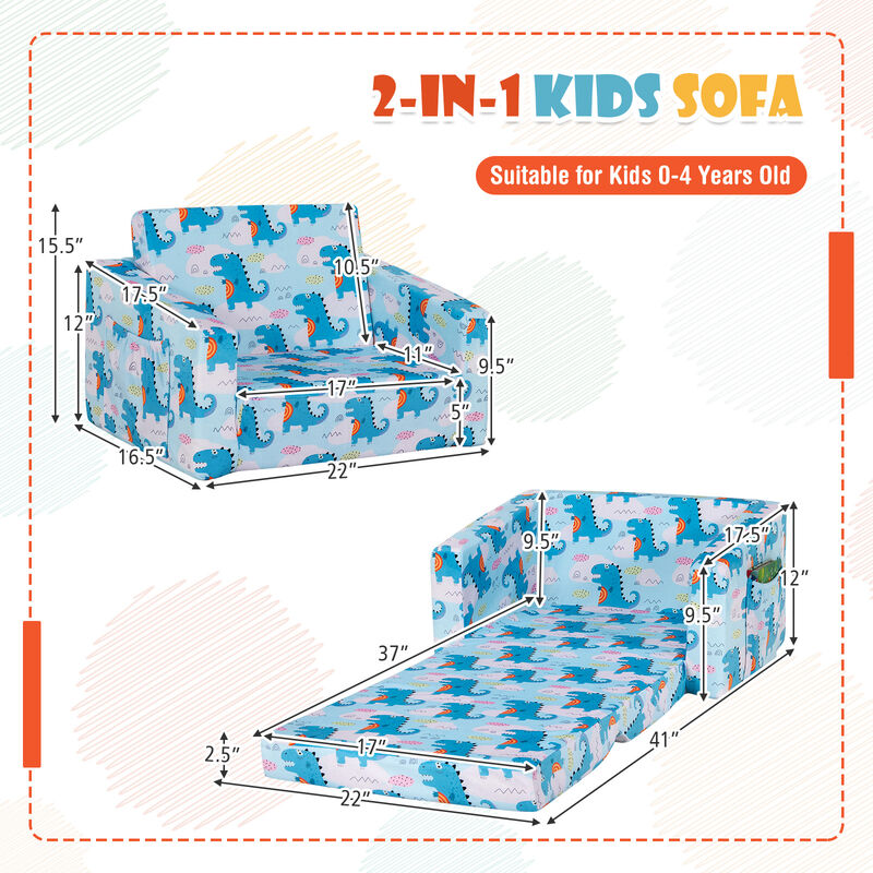 2-in-1 Convertible Kids Sofa with Velvet Fabric - Light Blue Dinosaur