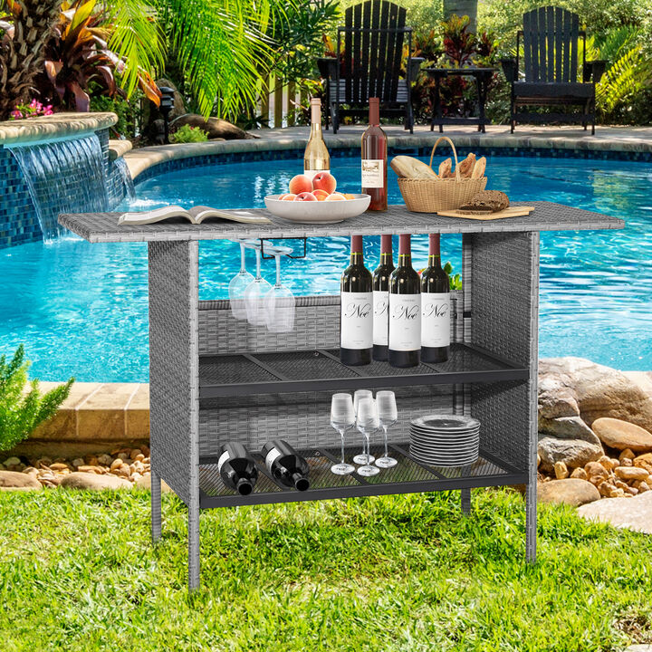 Outdoor Patio Wicker Bar Table with Metal Shelves