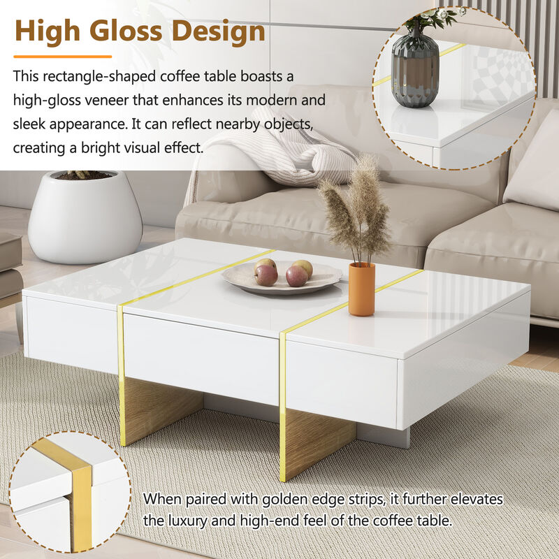 Clihome 47.2'' x 31.4''Minimalist High Gloss Coffee Table with 2 Drawers, Multi-Storage Rectangle Sofa Table with Golden Wood Grain Legs, Modern Center Table for Living Room